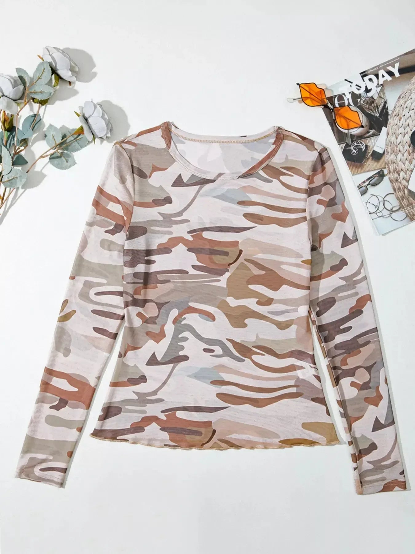 Camouflage Print Mesh Long Sleeve Top - Plush Fashion Hub