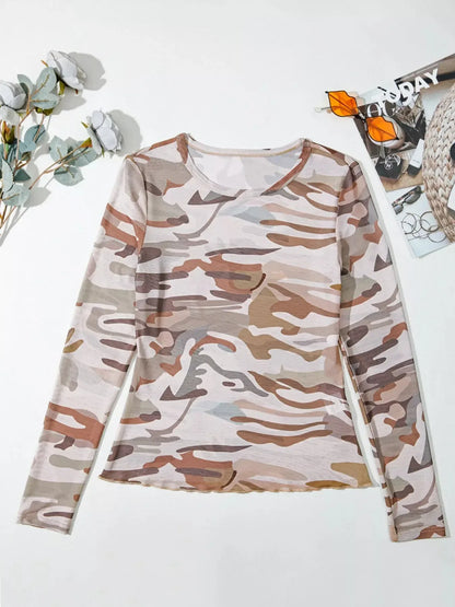 Camouflage Print Mesh Long Sleeve Top - Plush Fashion Hub