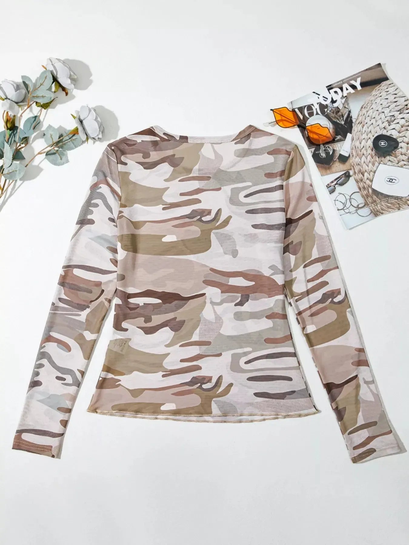 Camouflage Print Mesh Long Sleeve Top - Plush Fashion Hub
