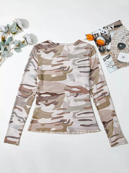 Camouflage Print Mesh Long Sleeve Top - Plush Fashion Hub
