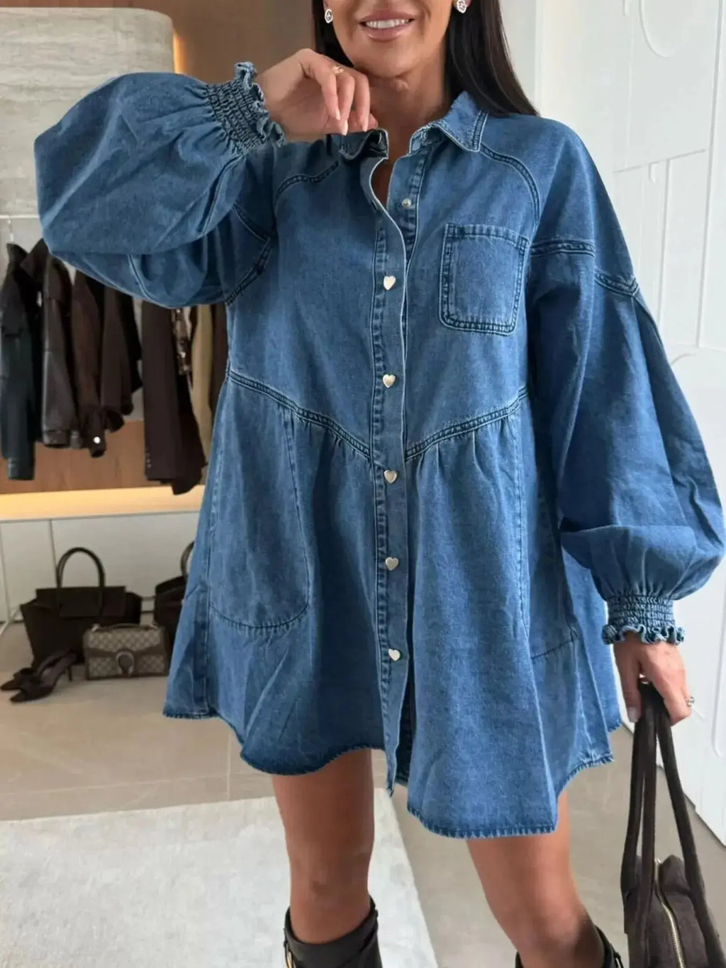 Casual button-down mini denim dress with front pockets, trendy Trendsi brand, stylish and comfortable for everyday wear.
