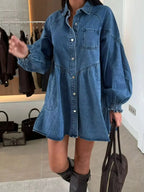 Casual mini denim dress by Trendsi featuring a button-down front and front pockets, perfect for everyday wear.