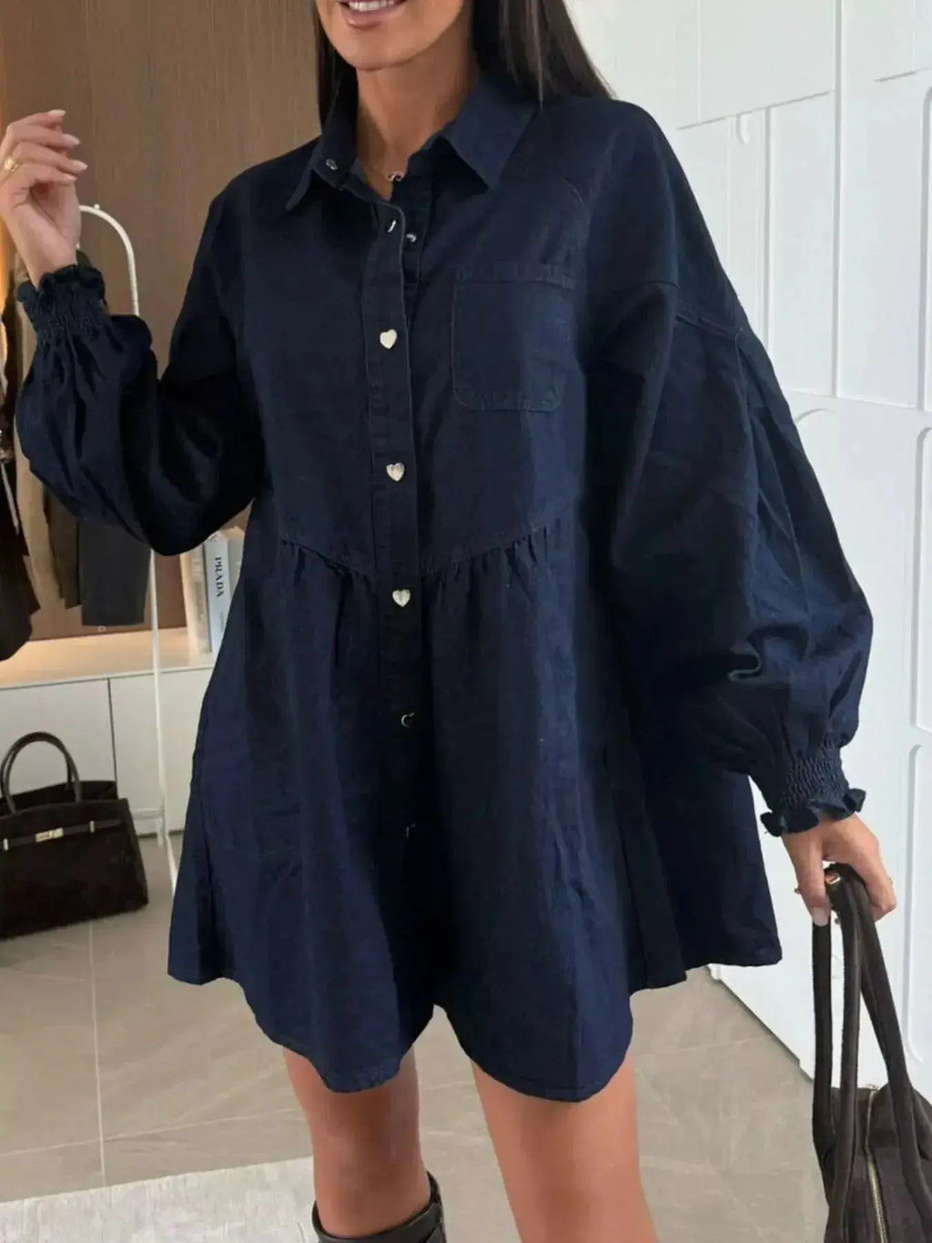 Casual mini denim dress by Trendsi with front pockets, button-down style, short sleeves, and a fitted silhouette.
