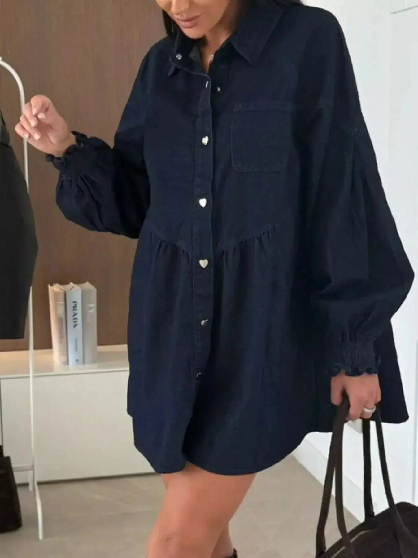 Casual mini denim dress by Trendsi with button-down front and front pockets, perfect for everyday wear.