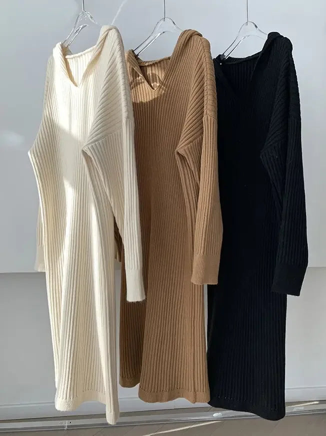 Casual Hooded Knitted Long Dress - Plush Fashion Hub