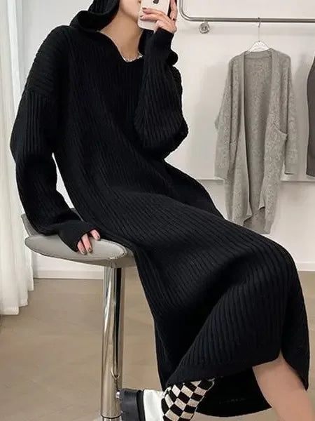 Casual Hooded Knitted Long Dress - Plush Fashion Hub