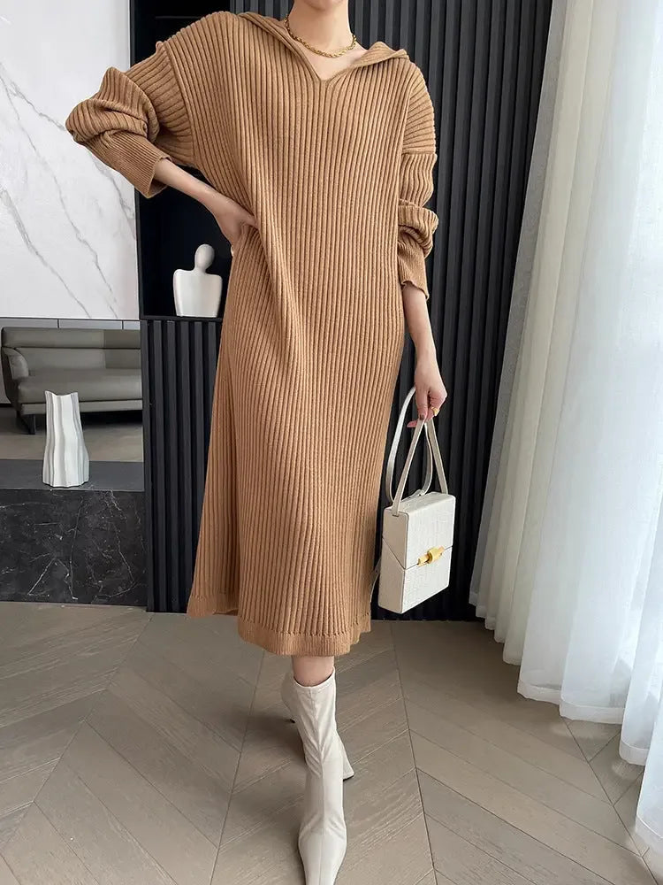 Casual Hooded Knitted Long Dress - Plush Fashion Hub