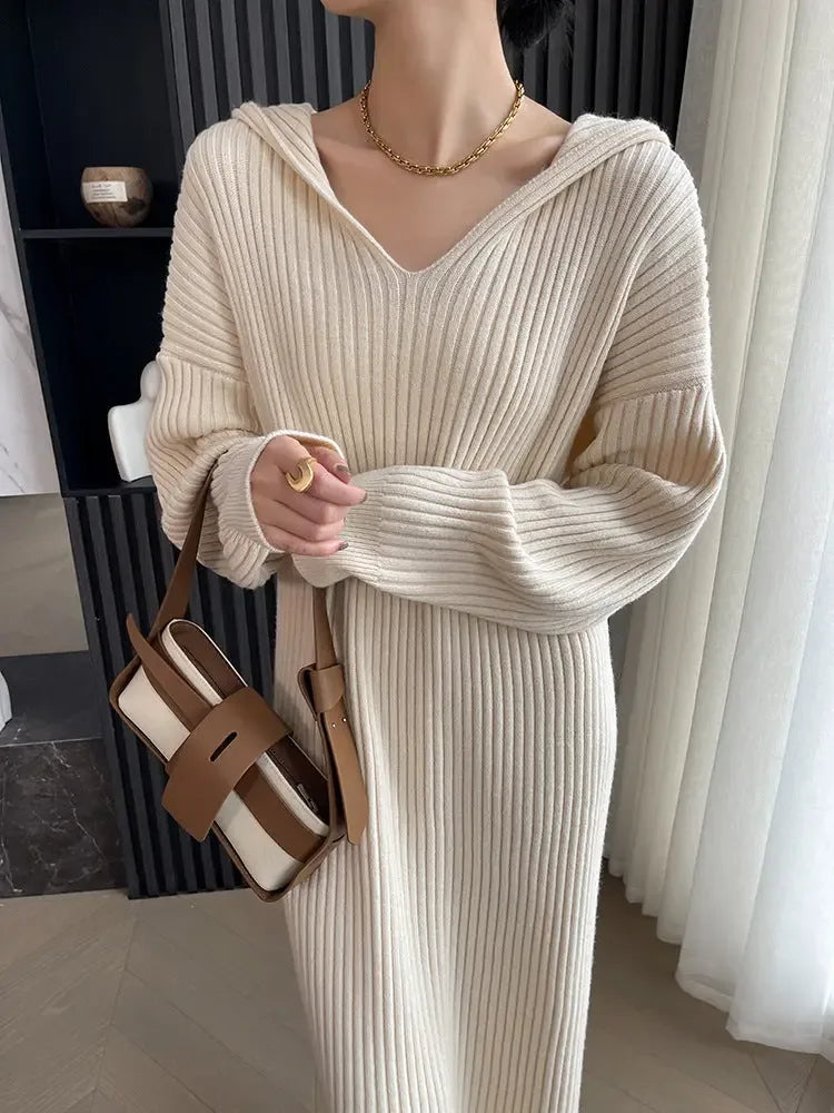 Casual Hooded Knitted Long Dress - Plush Fashion Hub