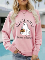 Plush Fashion Hub Boo Sheet Halloween graphic pullover hoodie with long sleeves and round neck, cozy cotton blend fleece.