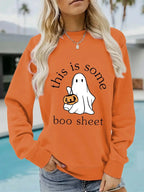 Casual black Halloween hoodie by Plush Fashion Hub with Boo sheet graphic, long sleeves, round neck, cozy cotton blend fleece.