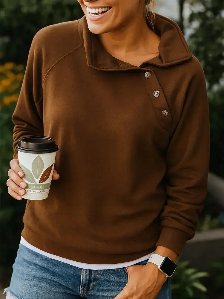 Women's casual slant collar button pullover sweatshirt in solid color, relaxed fit long-sleeve top by Plush Fashion Hub