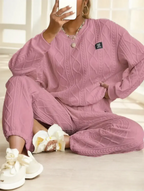Women's casual patch cable textured lounge set with long sleeve crew neck sweatshirt and matching pants by Plush Fashion Hub.