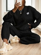 Women's casual patch cable textured lounge set with long sleeve crew neck sweatshirt and matching pants by Plush Fashion Hub
