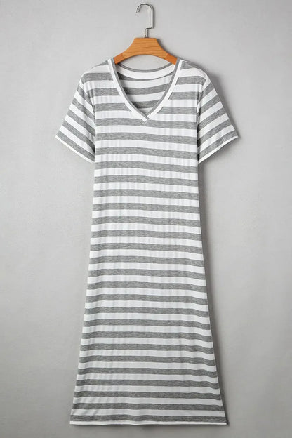 Casual Striped V-Neck Midi T-Shirt Dress - Plush Fashion Hub