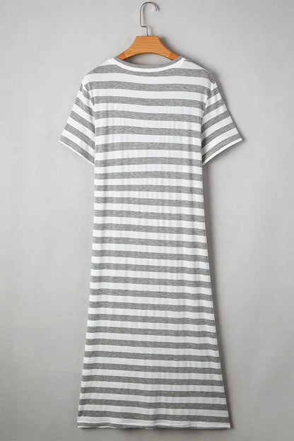 Casual Striped V-Neck Midi T-Shirt Dress - Plush Fashion Hub