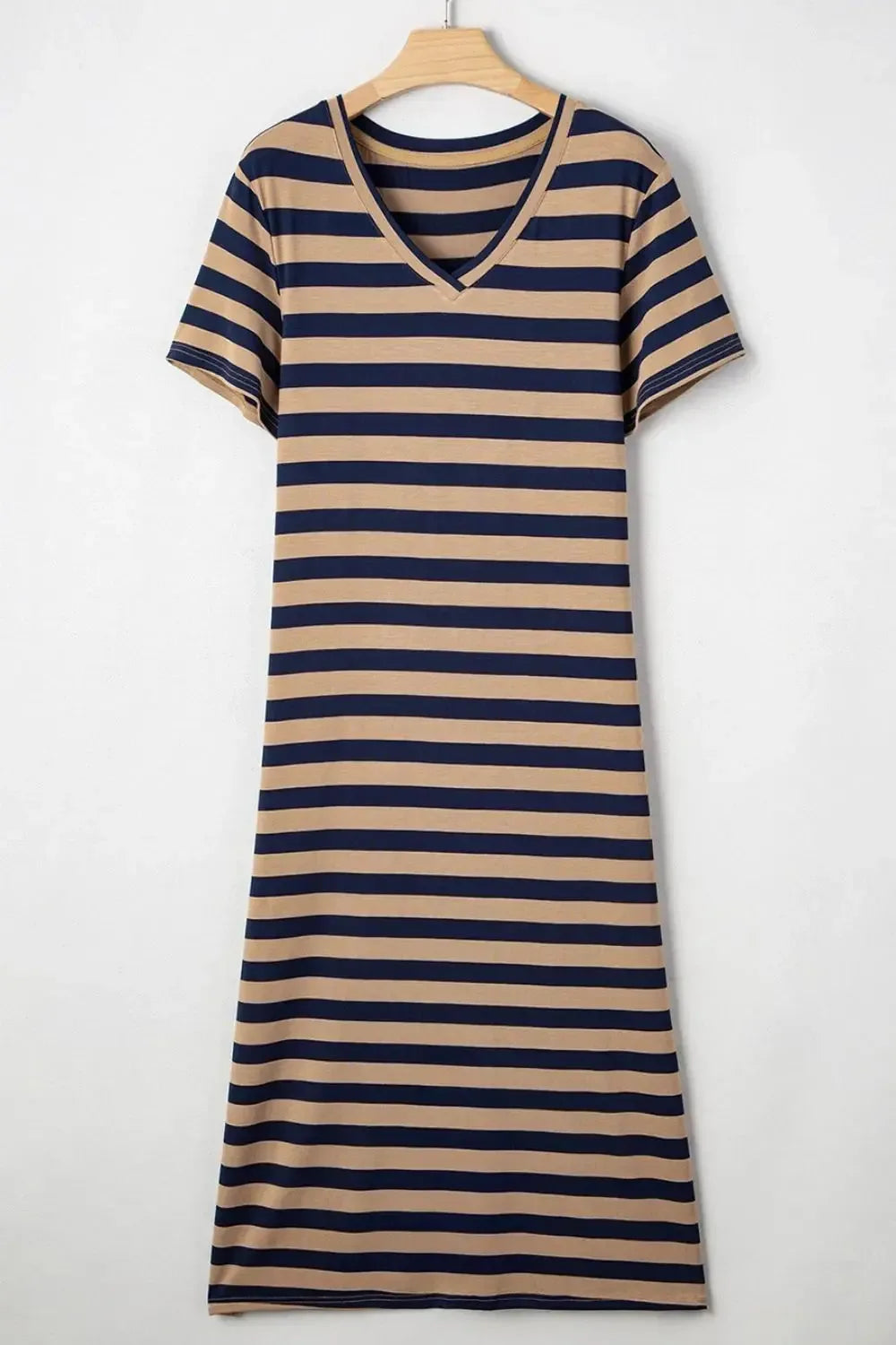 Casual Striped V-Neck Midi T-Shirt Dress - Plush Fashion Hub