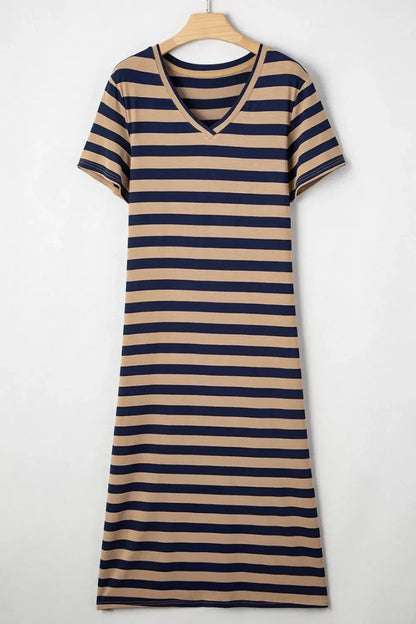 Casual Striped V-Neck Midi T-Shirt Dress - Plush Fashion Hub
