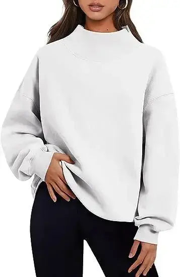 Women's plush fleece sweater with half-turtleneck, loose fit, soft casual loungewear perfect for cozy, relaxed wear.