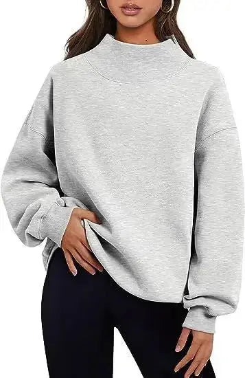 Women's half-turtleneck fleece sweater by Plush Fashion Hub, casual loose fit loungewear in soft, cozy fleece fabric.