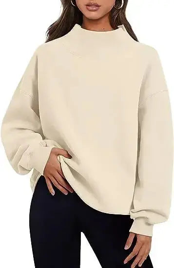 Women’s half-turtleneck fleece sweater by Plush Fashion Hub, soft, loose-fit casual loungewear with a cozy fleece texture.