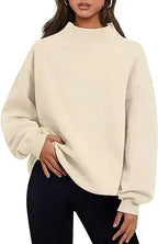 Women’s half-turtleneck fleece sweater by Plush Fashion Hub, soft, loose-fit casual loungewear with a cozy fleece texture.