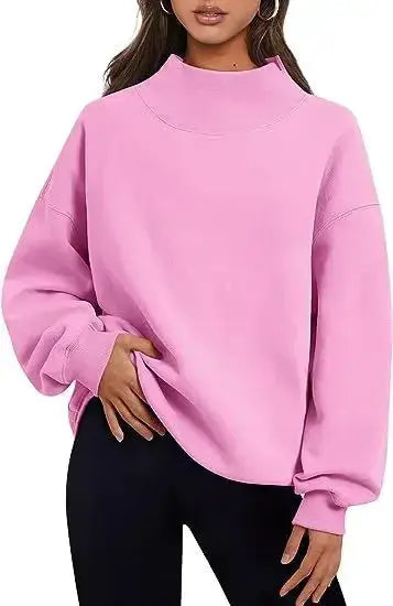 Women's half-turtleneck fleece sweater by Plush Fashion Hub, casual loose fit loungewear with soft cozy fleece fabric.