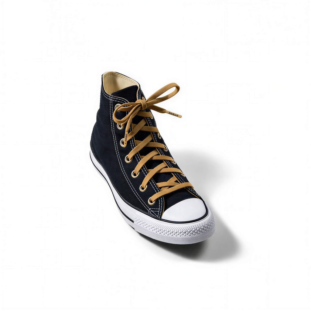 Coyote brown elastic shoelace from Plush Fashion Hub, showing close-up of flexible, stretchable laces on a shoe.
