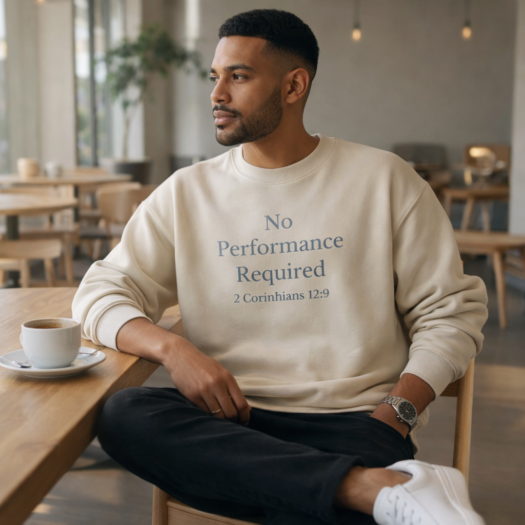 Christian sweatshirt by Wear Your Worship with 2 Corinthians 12:9 quote, featuring a comfortable crewneck design.