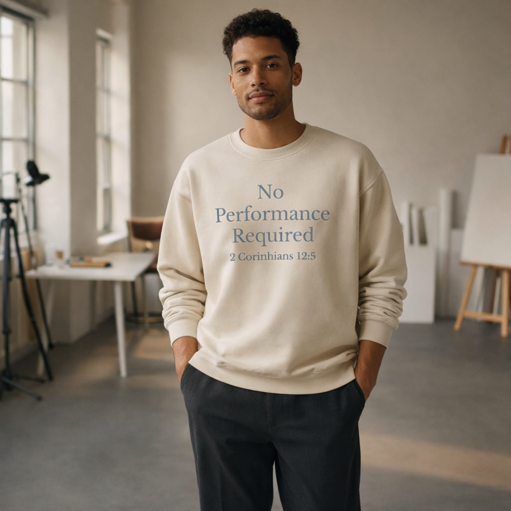 Christian sweatshirt by Wear Your Worship featuring 2 Corinthians 12:9 quote and crewneck design.