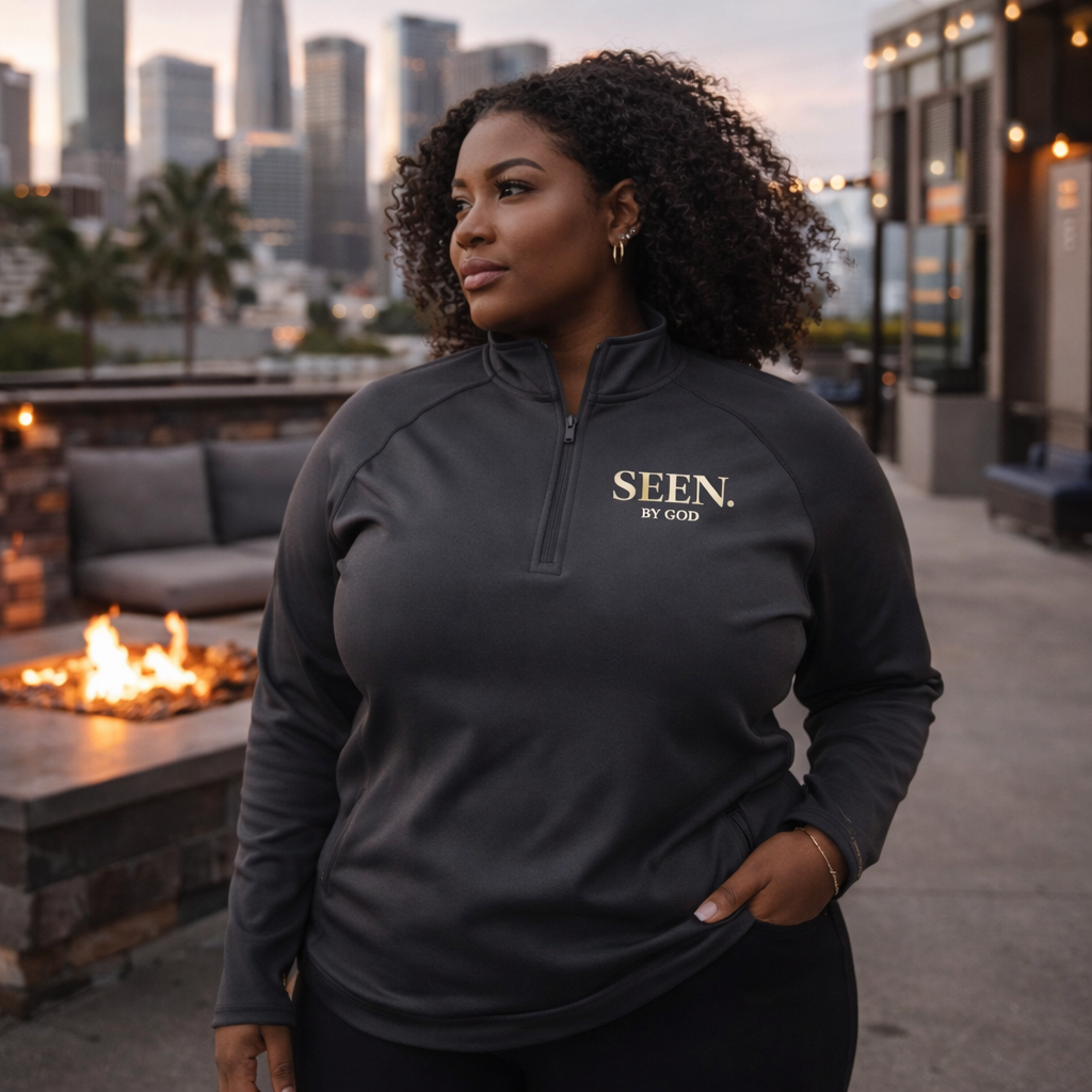 Lightweight women's long-sleeve quarter-zip pullover by Plush Fashion Hub from Seen. By God. Christian activewear in soft fabric.