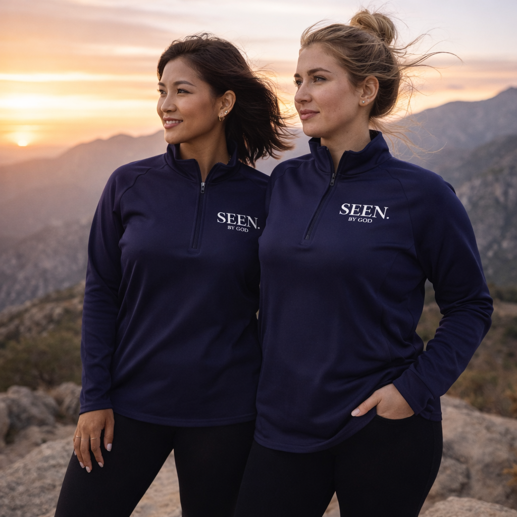 Women’s lightweight long-sleeve quarter-zip pullover by Plush Fashion Hub, featuring faith-inspired design and comfortable activewear style.