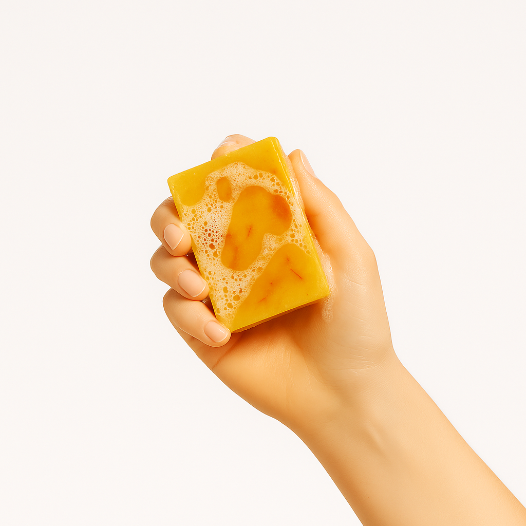 Turmeric Glow Bar Soap with vibrant yellow-orange color, featuring natural turmeric extract and a smooth soap bar texture.