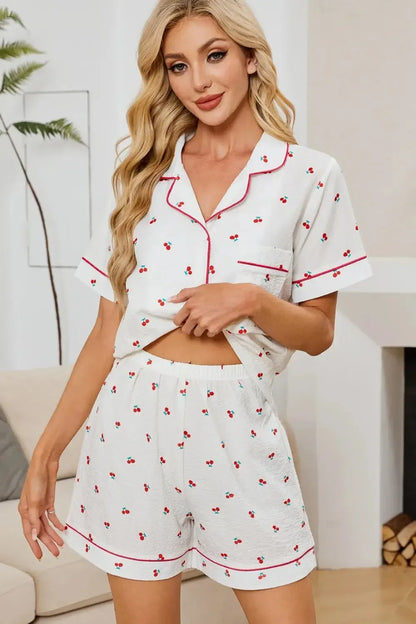 Cheery Print Collared Neck Top and Shorts Lounge Set - Plush Fashion Hub