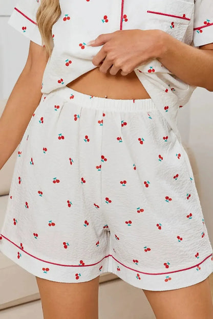 Cheery Print Collared Neck Top and Shorts Lounge Set - Plush Fashion Hub
