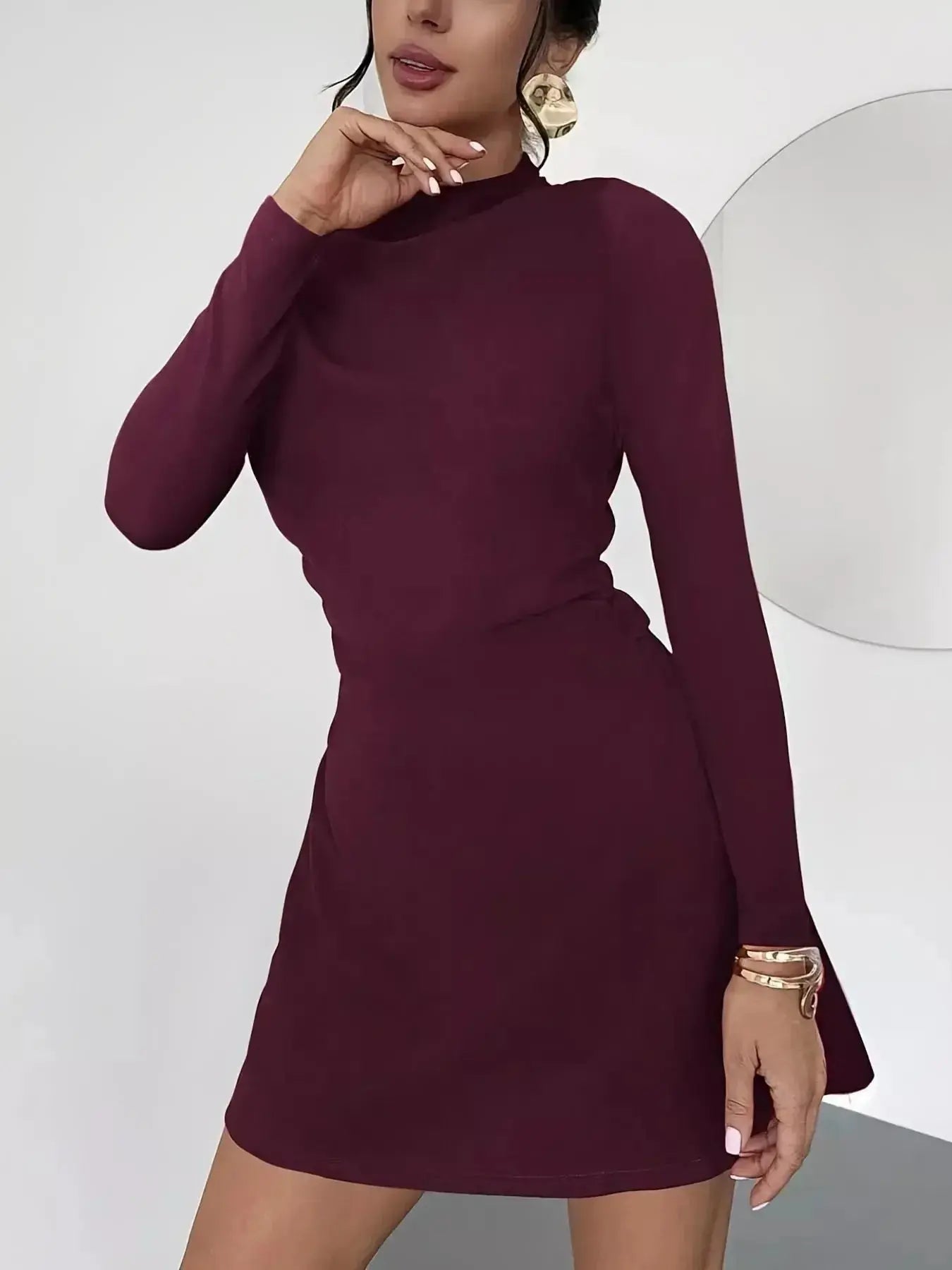 Chic mock neck long sleeve mini dress by Trendsi, soft stretchy casual fitted dress, perfect for stylish everyday wear