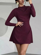 Chic black mock neck long sleeve mini dress by Trendsi, soft stretchy casual fitted dress, perfect for everyday wear.