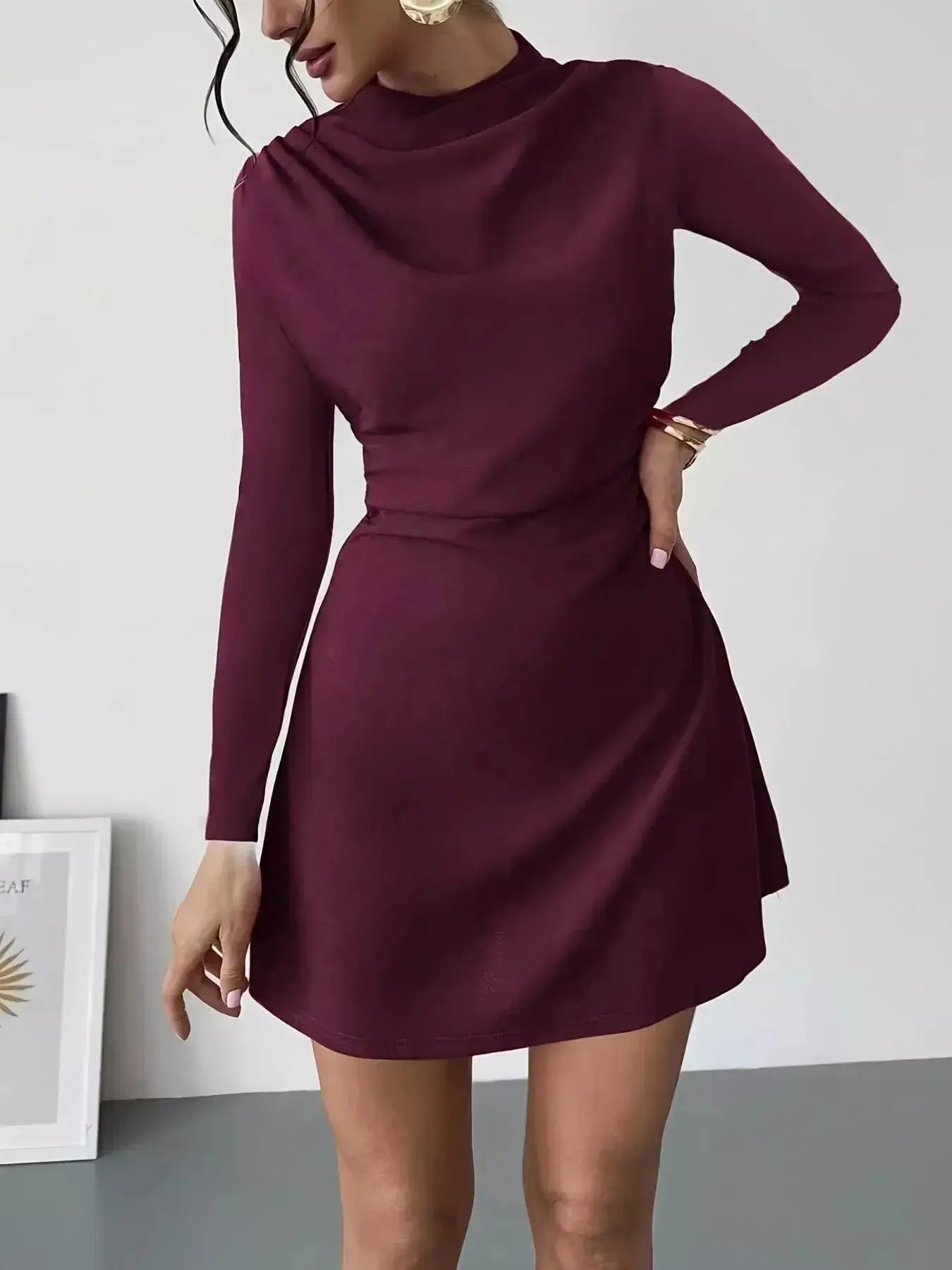 Chic mock neck long sleeve mini dress by Trendsi, soft stretchy casual fitted dress, perfect for stylish everyday wear