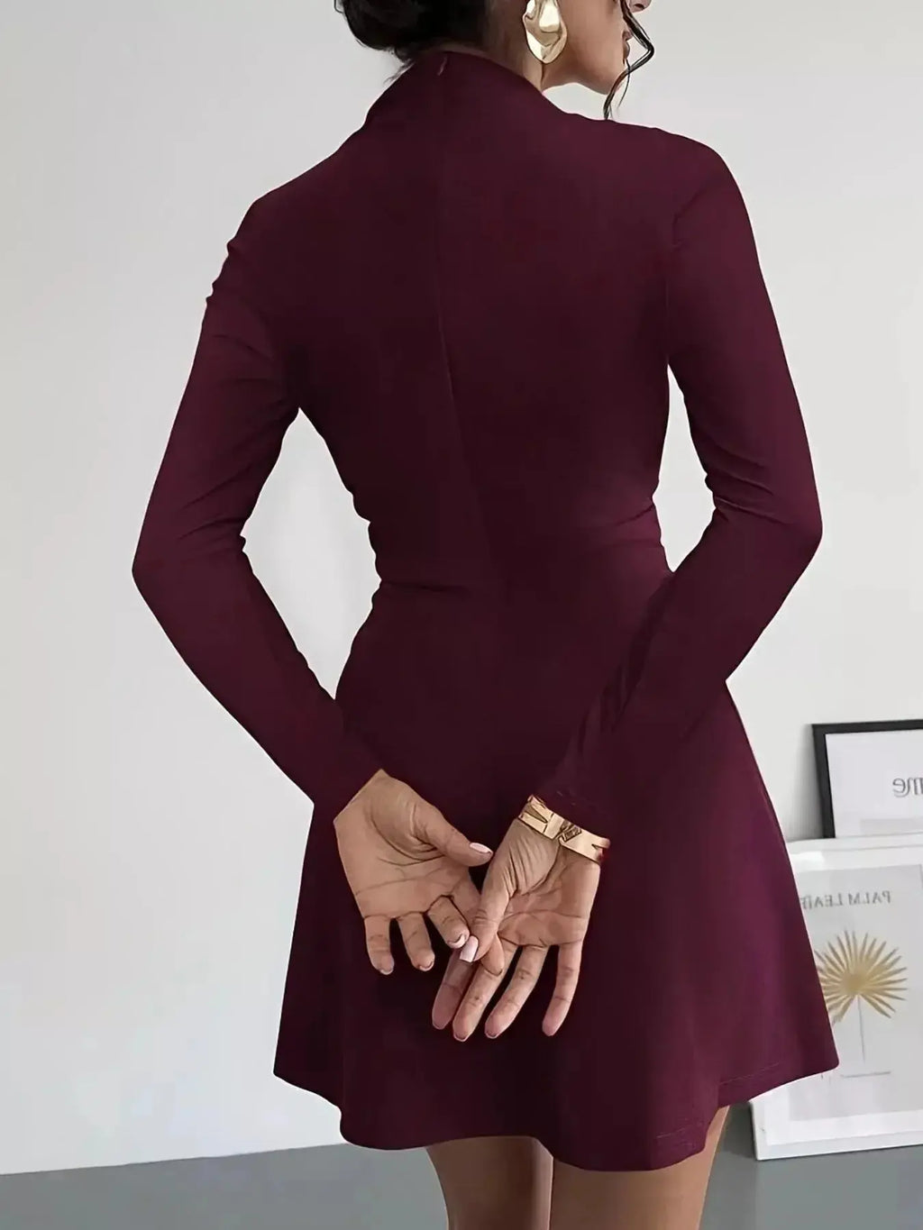 Chic Trendsi mock neck long sleeve mini dress with soft stretchy fabric, fitted casual style, ideal for stylish everyday wear.