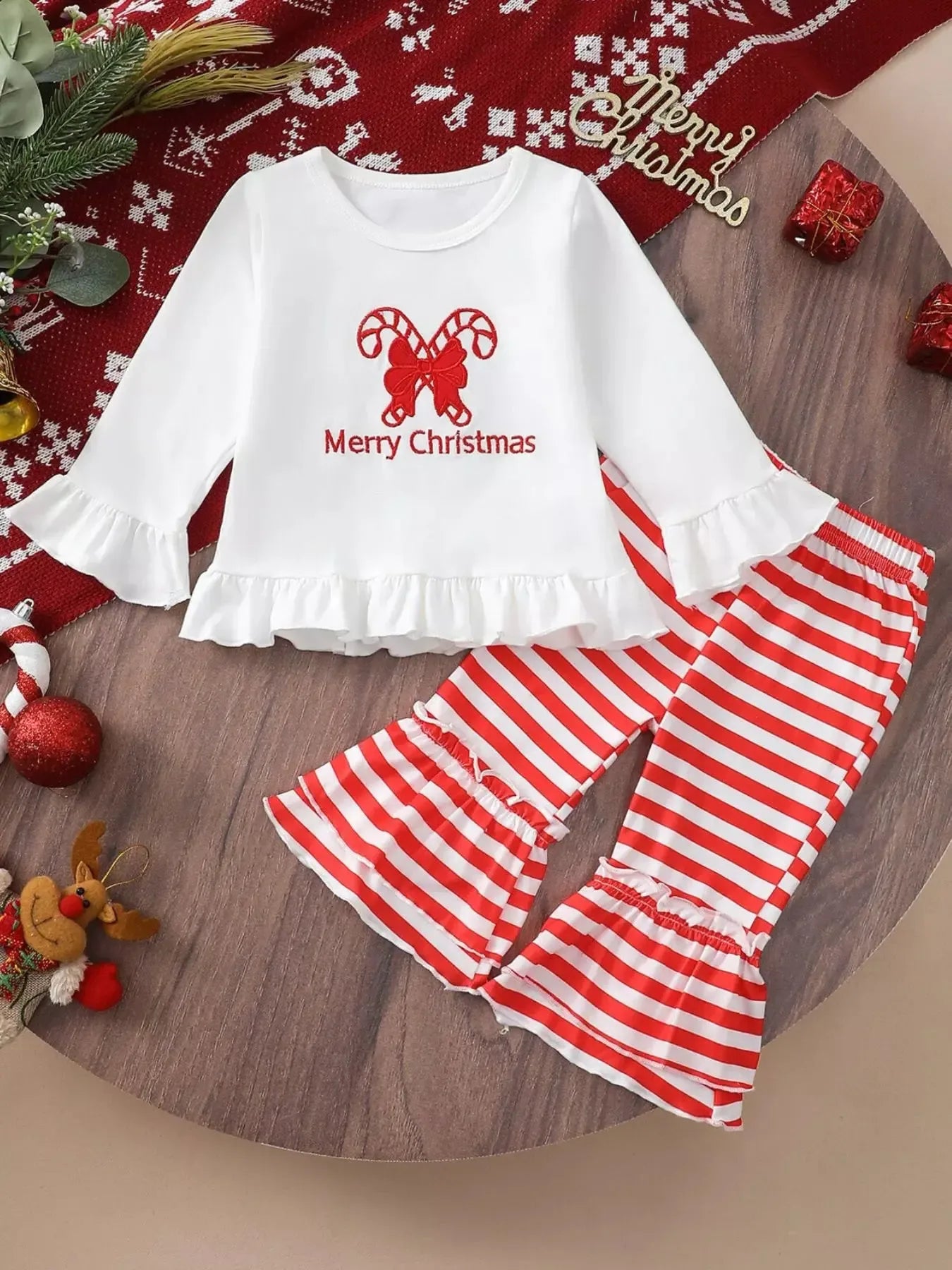 Children's Christmas Ruffle Trim Top and Pants Set - Plush Fashion Hub