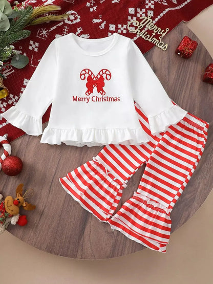 Children's Christmas Ruffle Trim Top and Pants Set - Plush Fashion Hub