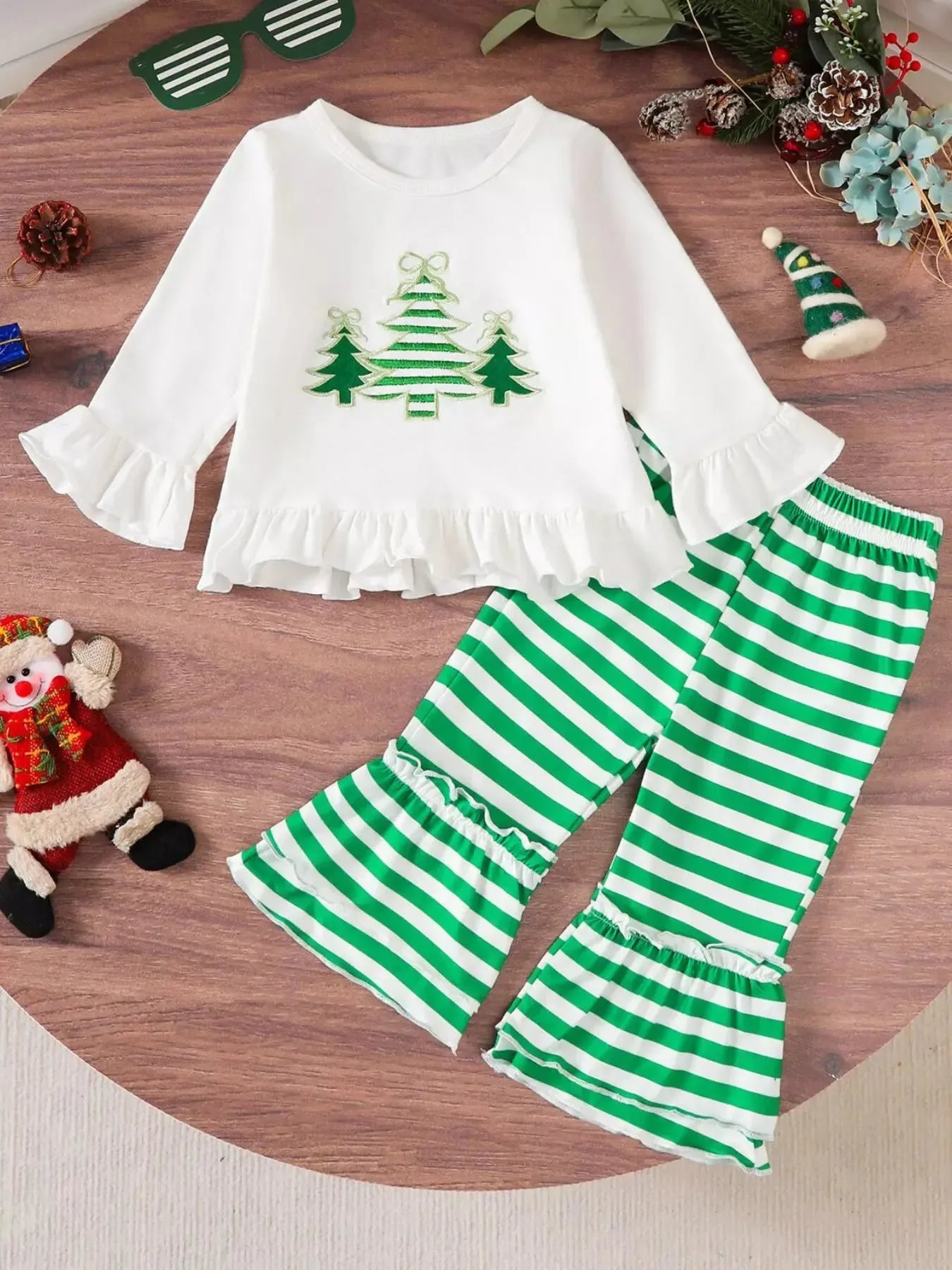 Children's Christmas Ruffle Trim Top and Pants Set - Plush Fashion Hub