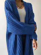 Women's chunky knit open-front cardigan with long sleeves, cozy layering sweater from Plush Fashion Hub.
