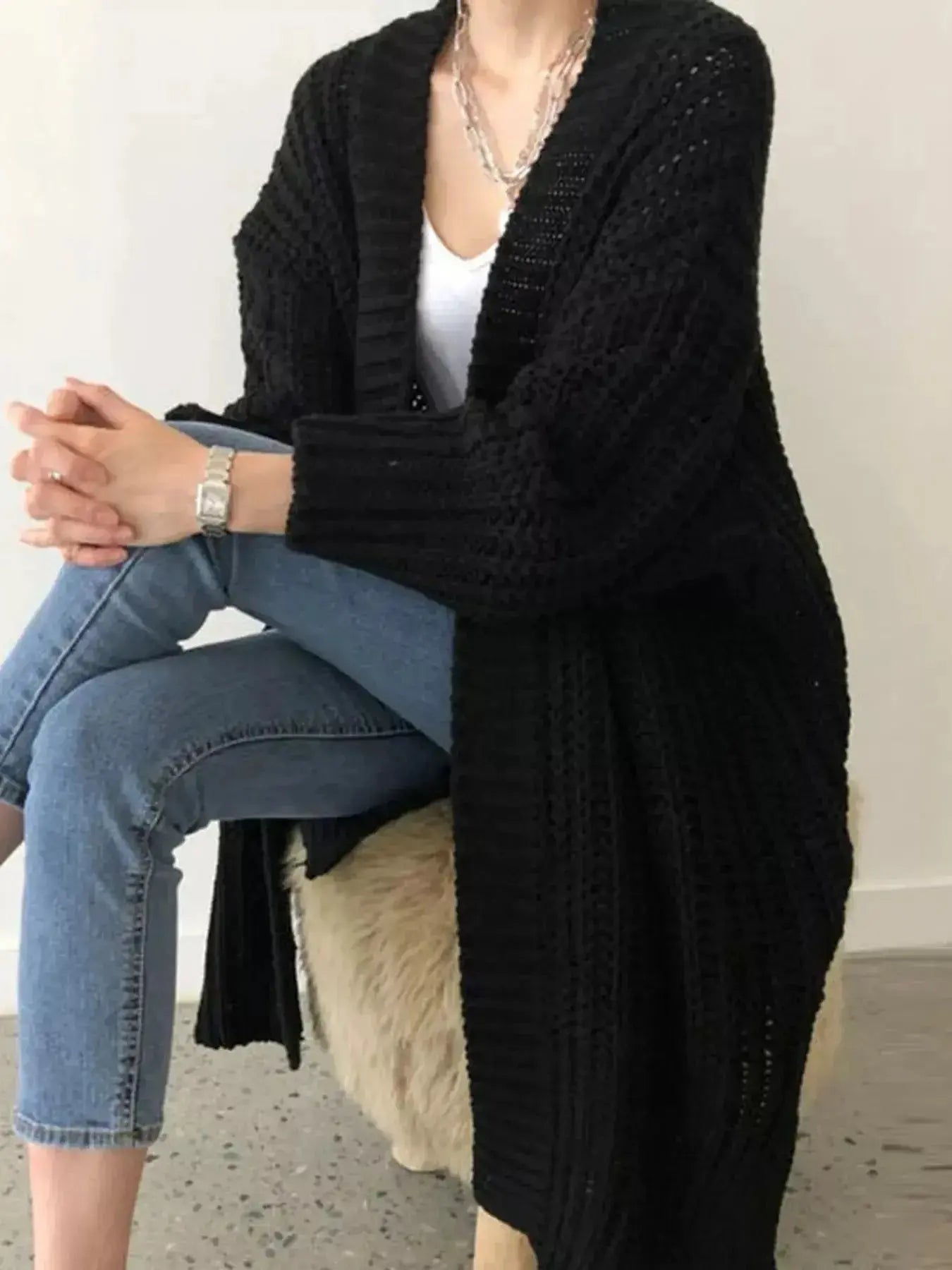 Women’s chunky knit open-front cardigan by Plush Fashion Hub, cozy long sleeve layering sweater with a relaxed fit.