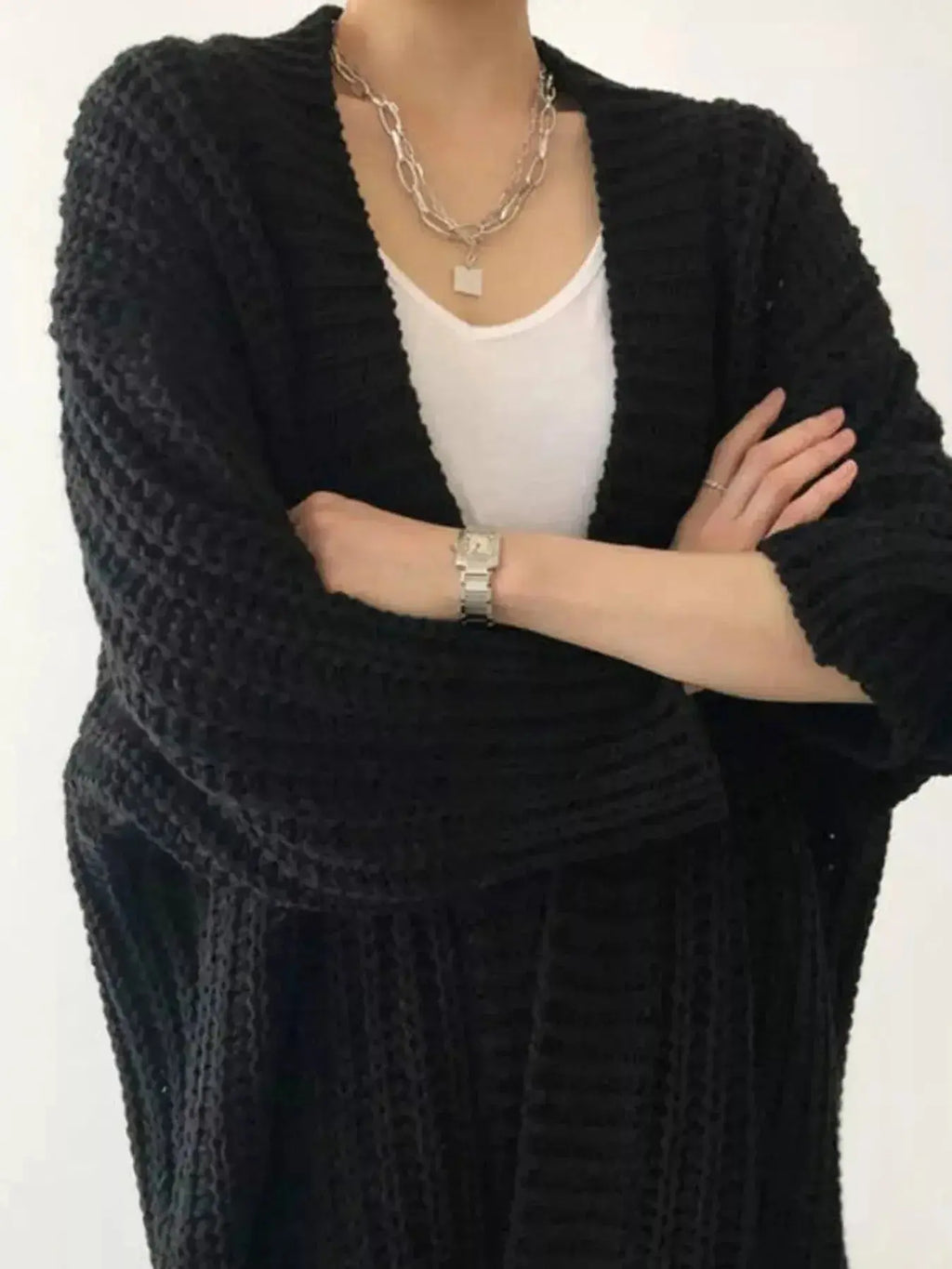 Women’s chunky knit open-front cardigan by Plush Fashion Hub, cozy long sleeve layering sweater with a relaxed fit.