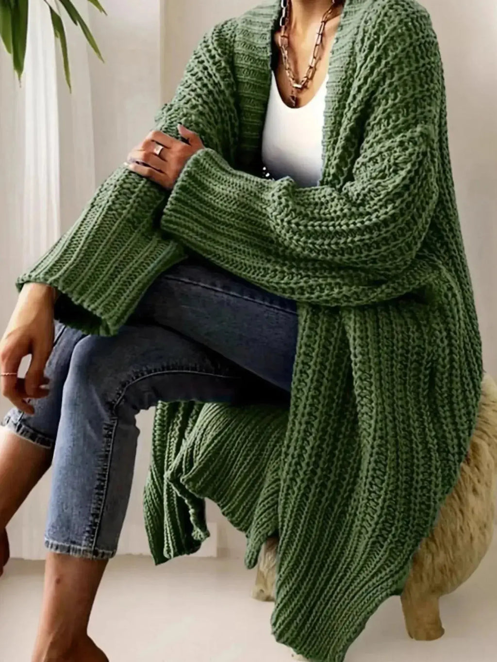 Women’s chunky knit open-front cardigan by Plush Fashion Hub, cozy long sleeve layering sweater with a relaxed fit.