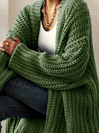Women’s chunky knit open-front cardigan with long sleeves from Plush Fashion Hub, cozy layering sweater in soft, textured yarn.