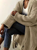 Women’s chunky knit open-front cardigan by Plush Fashion Hub, cozy long sleeve layering sweater with a relaxed fit.