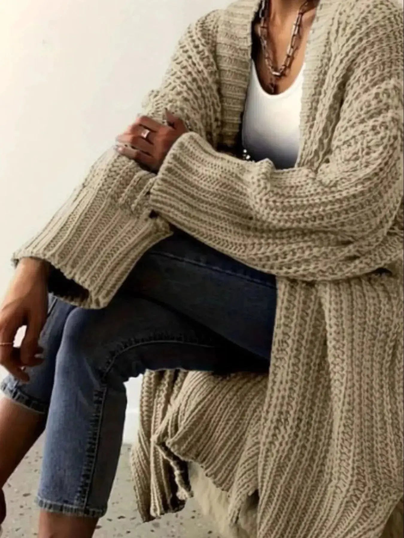 Women’s chunky knit open-front cardigan by Plush Fashion Hub, cozy long sleeve layering sweater with a relaxed fit.
