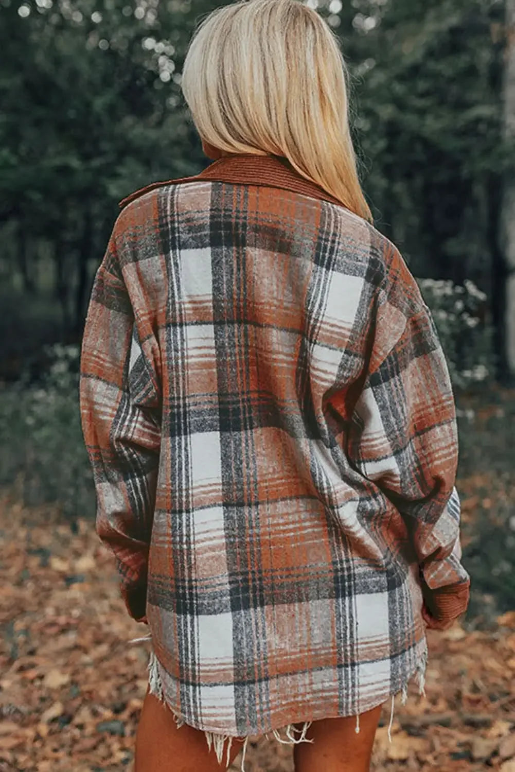 Cinnamon Plaid Corduroy Patchwork Shacket With Pockets - Plush Fashion Hub