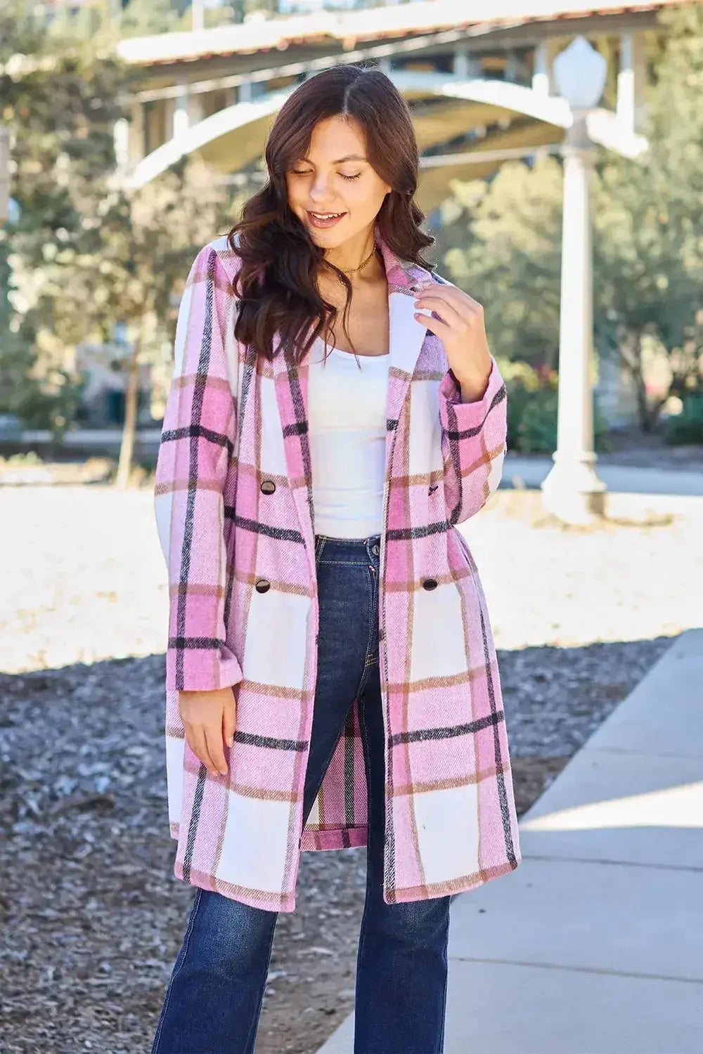 Women's classic plaid button-up lapel coat by Trendsi, featuring a wool-feel outerwear design and seasonal style.